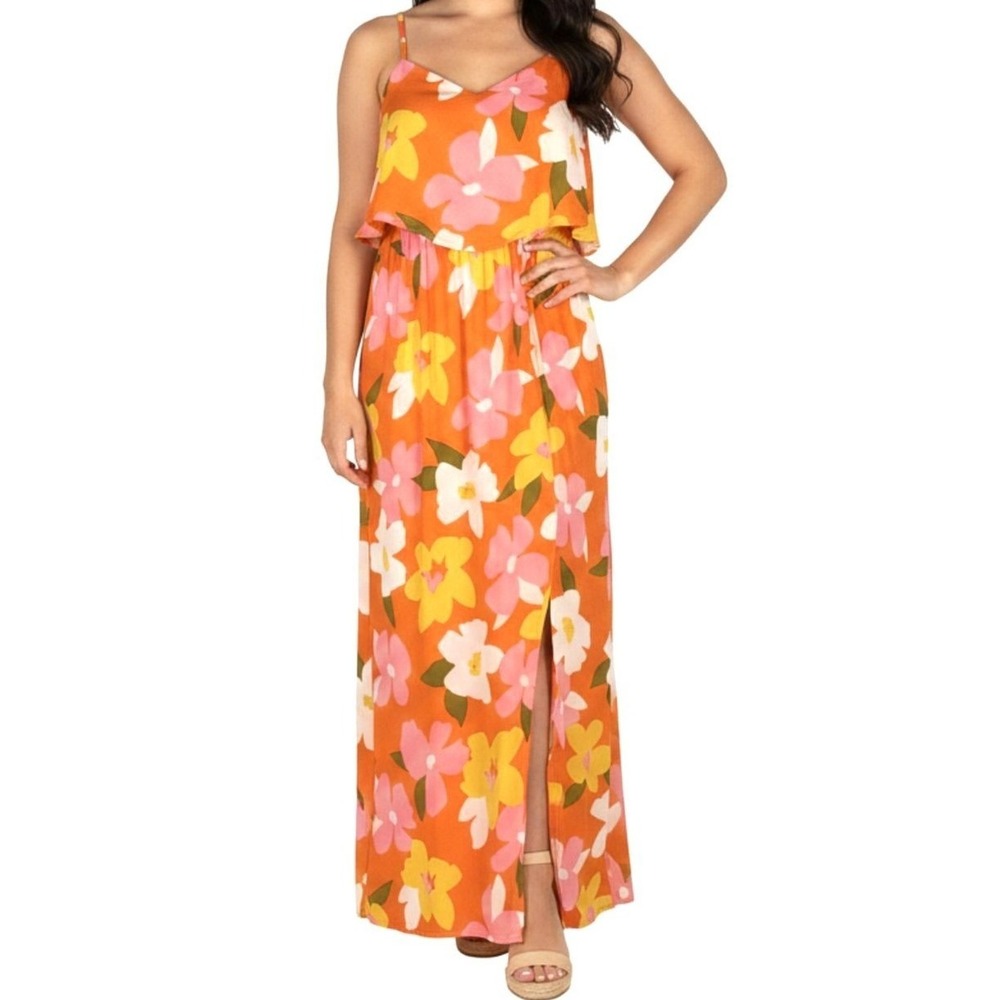 Emily Wander NWT Women M Orange and Pink Floral High Low Maxi Dress Boho 70sโ